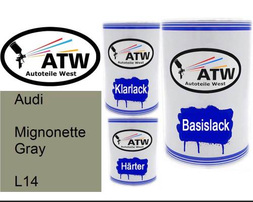 Audi, Mignonette Gray, L14: 500ml Lackdose + 500ml Klarlack + 250ml Härter - Set, von ATW Autoteile West.